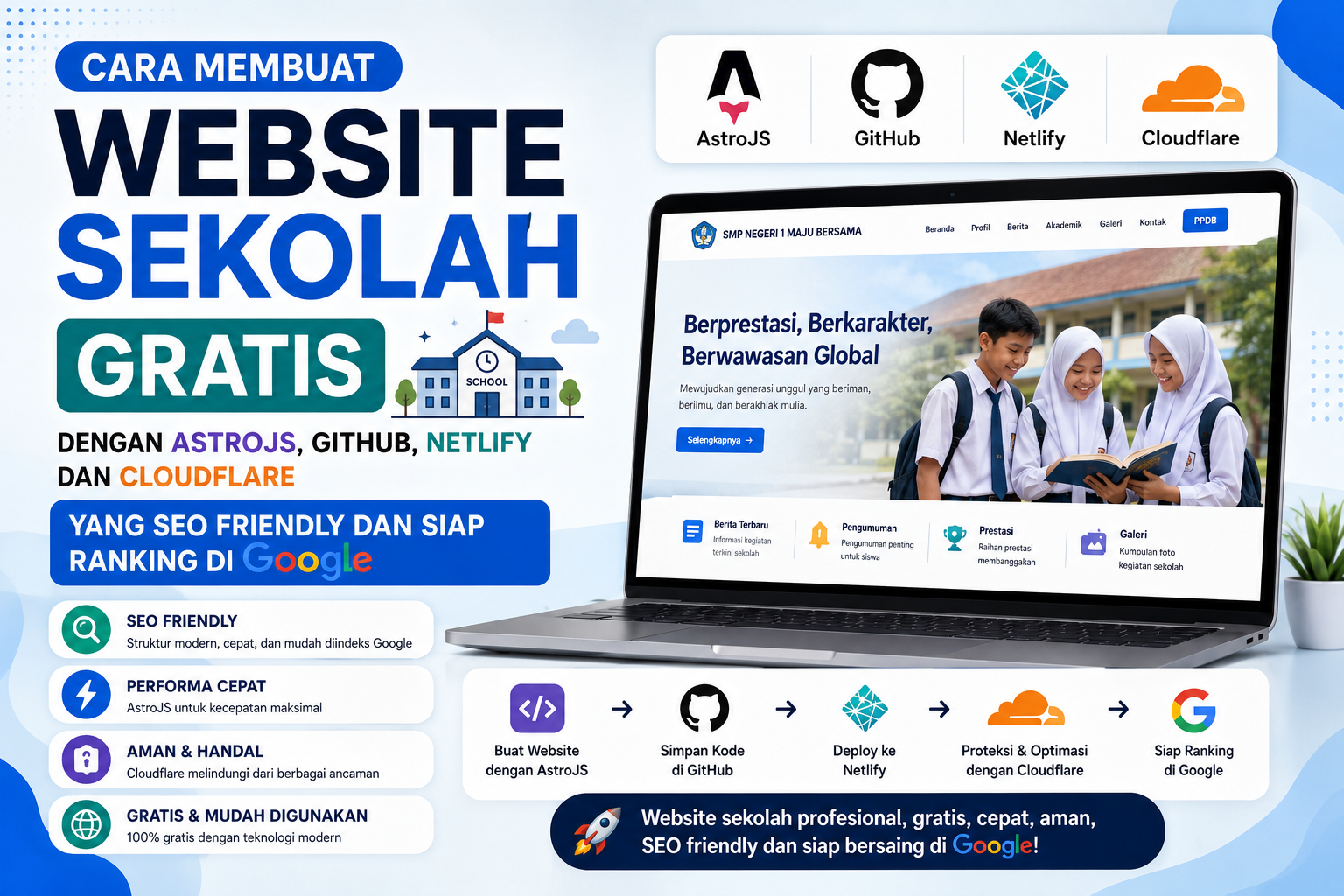 Cara Membuat Website Sekolah Gratis dengan AstroJS, GitHub, Netlify dan Cloudflare yang SEO Friendly dan Siap Ranking di Google